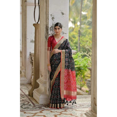 Women's Silk_Blend Ethnic Ikat Pattern Saree With Unstitched Blouse 5.5Mtr (Black)