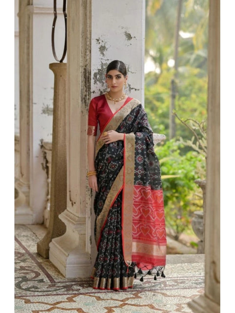 Women's Silk_Blend Ethnic Ikat Pattern Saree With Unstitched Blouse 5.5Mtr (Black)
