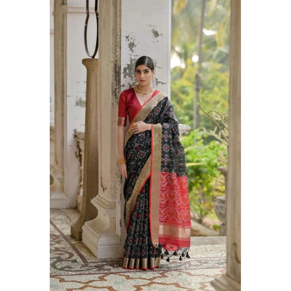 Women's Silk_Blend Ethnic Ikat Pattern Saree With Unstitched Blouse 5.5Mtr (Black)
