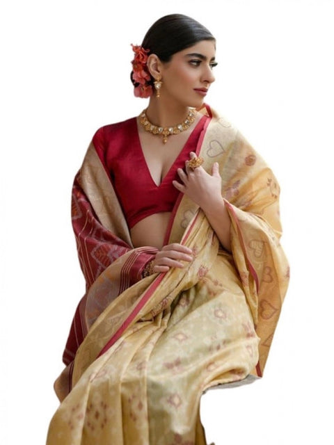 Generic Women's Silk_Blend Ethnic Ikat Pattern Saree With Unstitched Blouse 5.5Mtr (Cream)