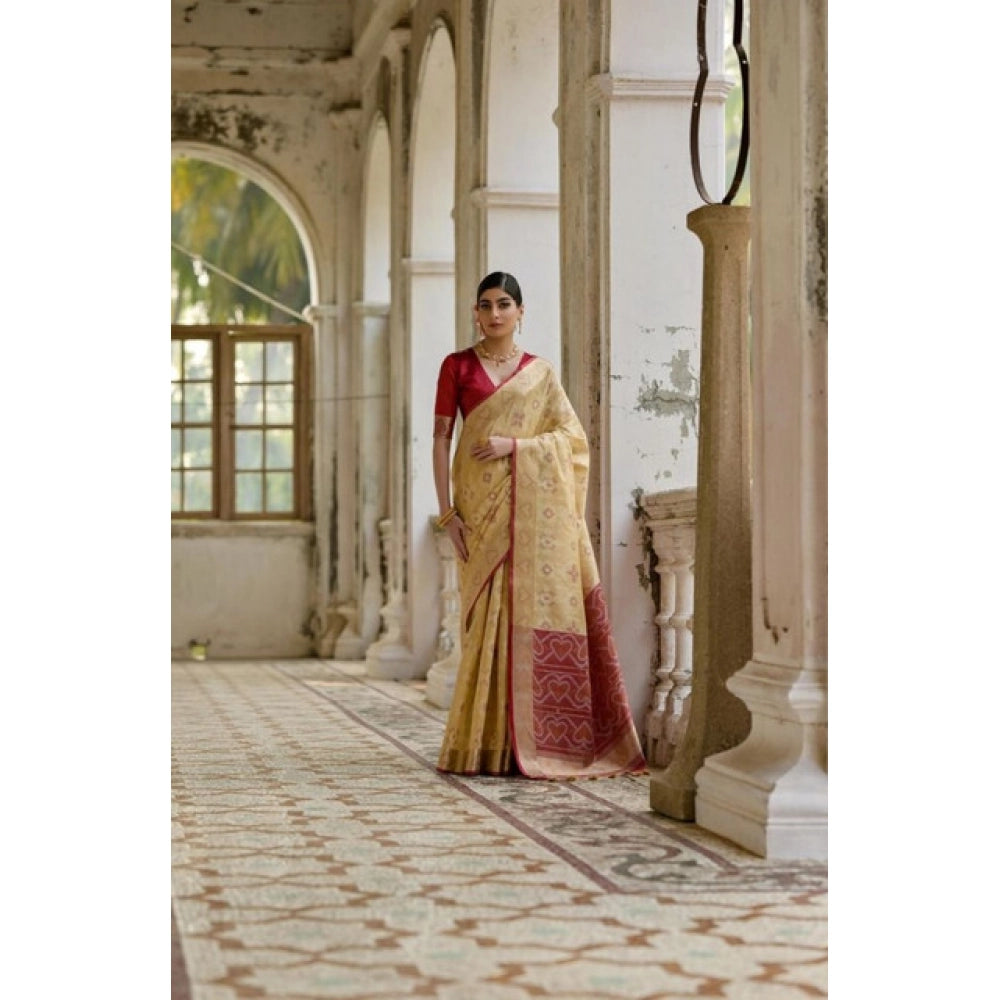Women's Silk_Blend Ethnic Ikat Pattern Saree With Unstitched Blouse 5.5Mtr (Cream)