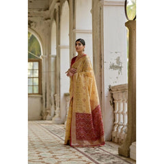 Women's Silk_Blend Ethnic Ikat Pattern Saree With Unstitched Blouse 5.5Mtr (Cream)
