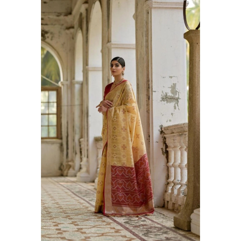 Women's Silk_Blend Ethnic Ikat Pattern Saree With Unstitched Blouse 5.5Mtr (Cream)