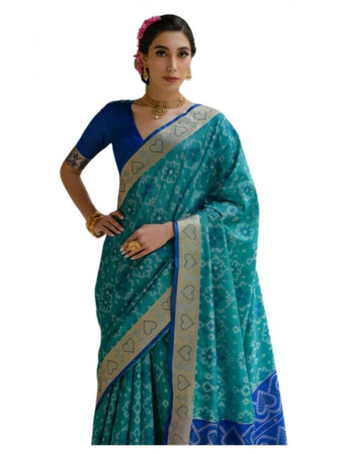 Generic Women's Silk_Blend Ethnic Ikat Pattern Saree With Unstitched Blouse 5.5Mtr (Teal)