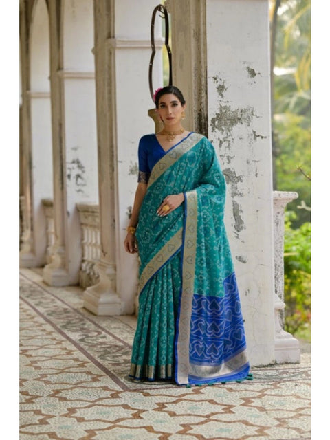 Women's Silk_Blend Ethnic Ikat Pattern Saree With Unstitched Blouse 5.5Mtr (Teal)