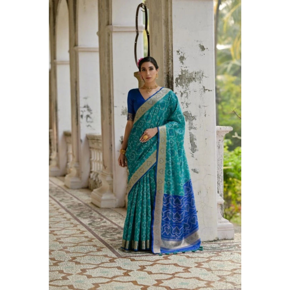 Women's Silk_Blend Ethnic Ikat Pattern Saree With Unstitched Blouse 5.5Mtr (Teal)