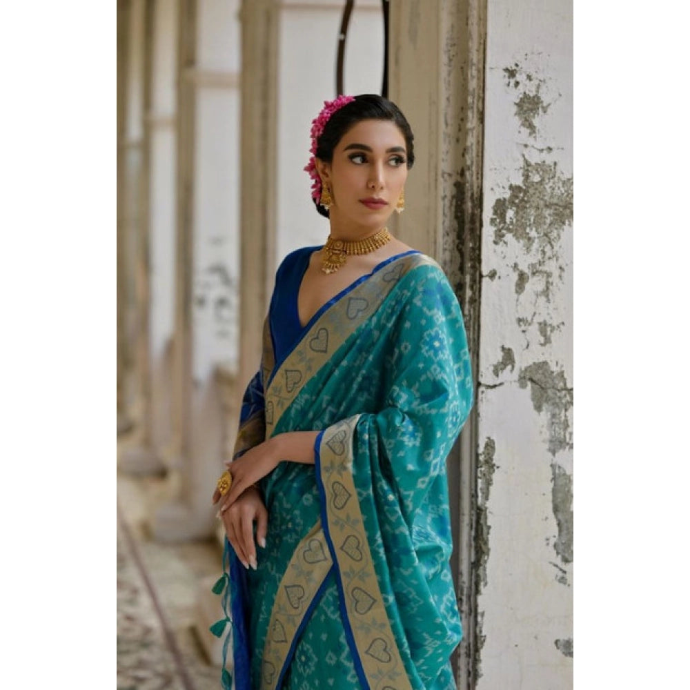 Women's Silk_Blend Ethnic Ikat Pattern Saree With Unstitched Blouse 5.5Mtr (Teal)