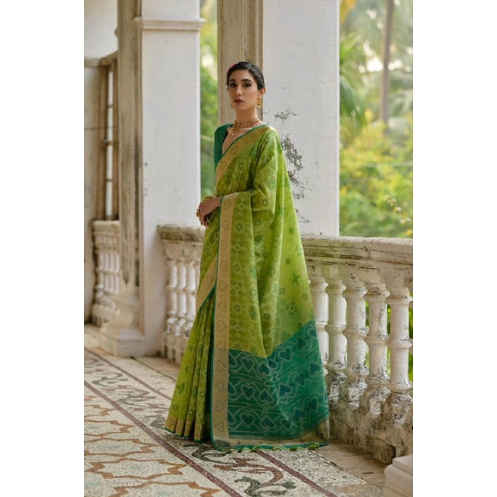 Women's Silk_Blend Ethnic Ikat Pattern Saree With Unstitched Blouse 5.5Mtr (Light_Green)