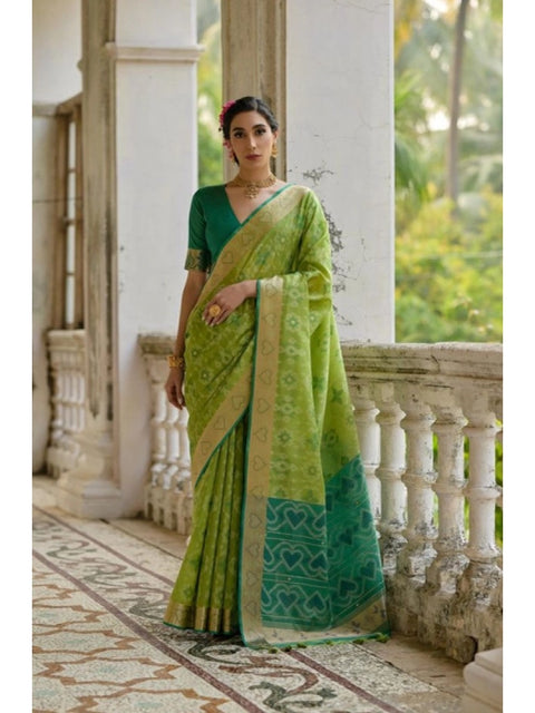 Women's Silk_Blend Ethnic Ikat Pattern Saree With Unstitched Blouse 5.5Mtr (Light_Green)