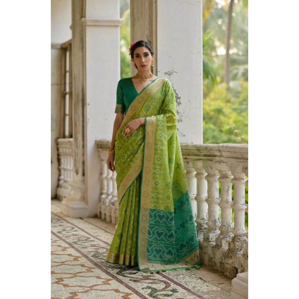 Women's Silk_Blend Ethnic Ikat Pattern Saree With Unstitched Blouse 5.5Mtr (Light_Green)