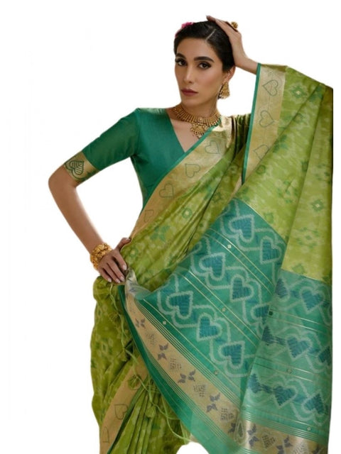 Generic Women's Silk_Blend Ethnic Ikat Pattern Saree With Unstitched Blouse 5.5Mtr (Light_Green)