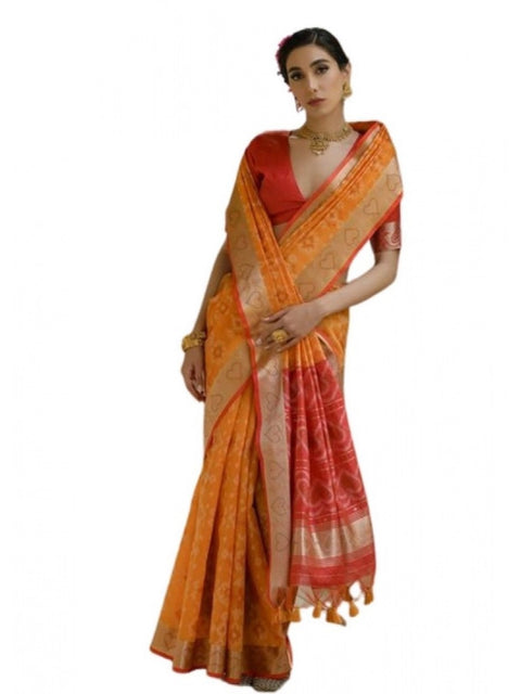 Generic Women's Silk_Blend Ethnic Ikat Pattern Saree With Unstitched Blouse 5.5Mtr (Mustard)