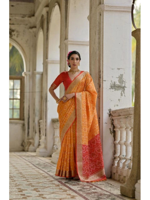 Women's Silk_Blend Ethnic Ikat Pattern Saree With Unstitched Blouse 5.5Mtr (Mustard)