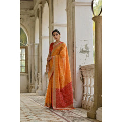 Women's Silk_Blend Ethnic Ikat Pattern Saree With Unstitched Blouse 5.5Mtr (Mustard)