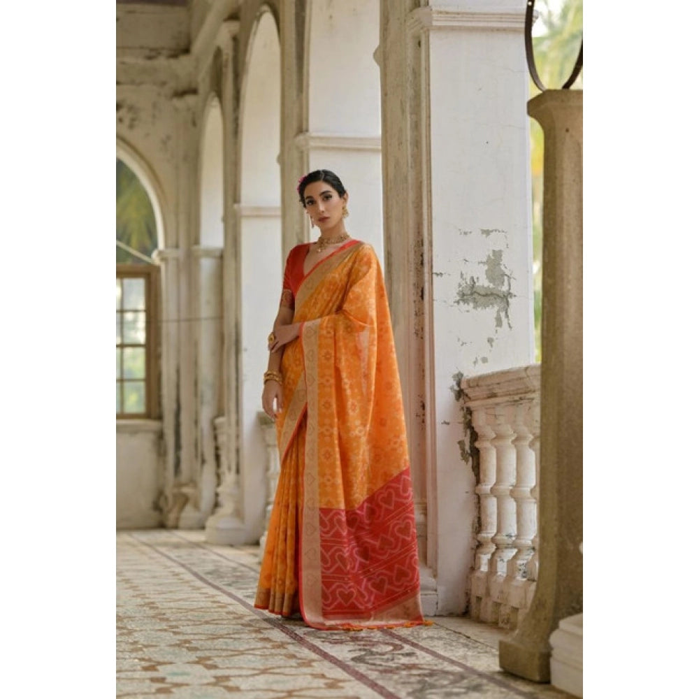 Women's Silk_Blend Ethnic Ikat Pattern Saree With Unstitched Blouse 5.5Mtr (Mustard)