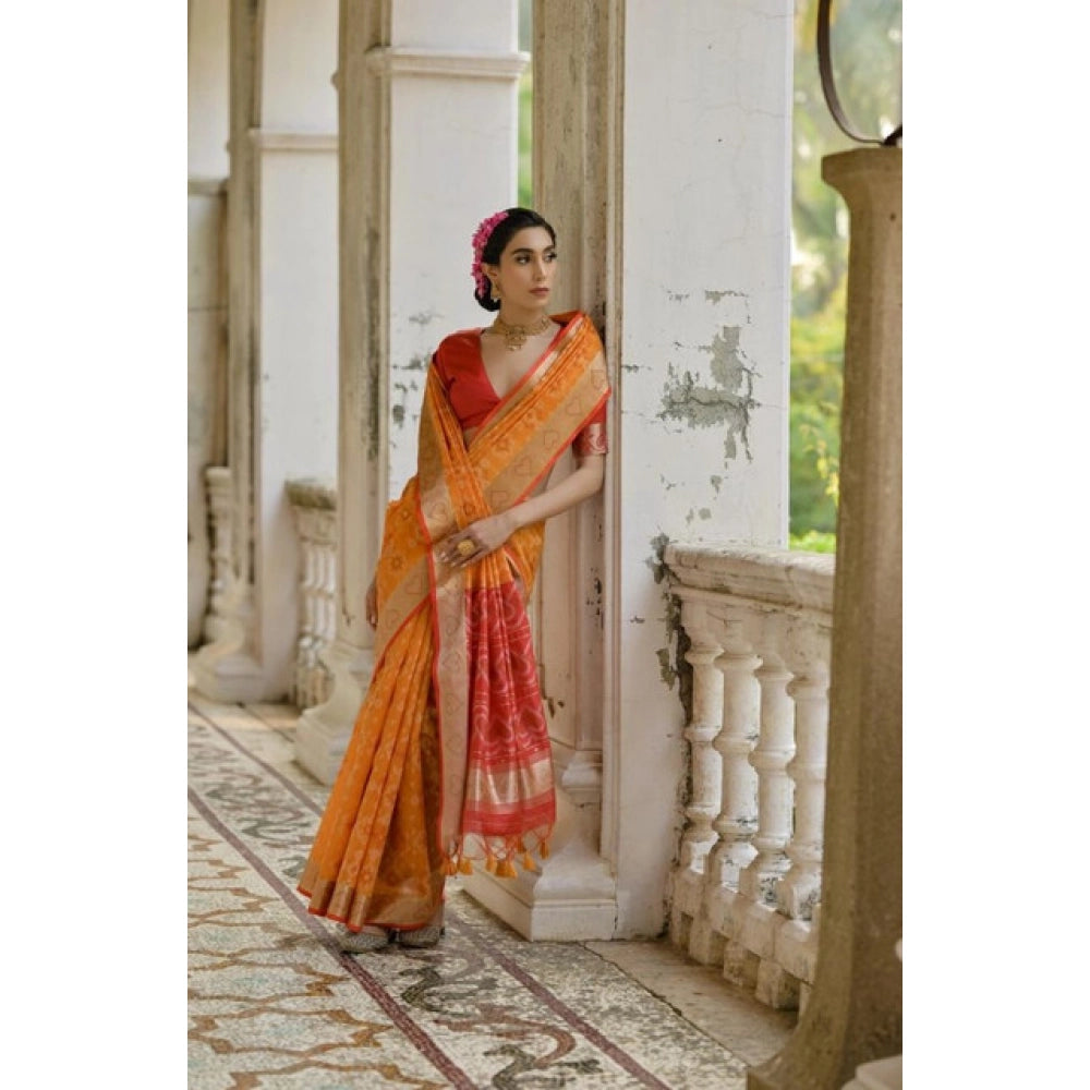 Women's Silk_Blend Ethnic Ikat Pattern Saree With Unstitched Blouse 5.5Mtr (Mustard)