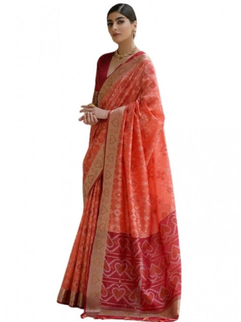 Generic Women's Silk_Blend Ethnic Ikat Pattern Saree With Unstitched Blouse 5.5Mtr (Orange)