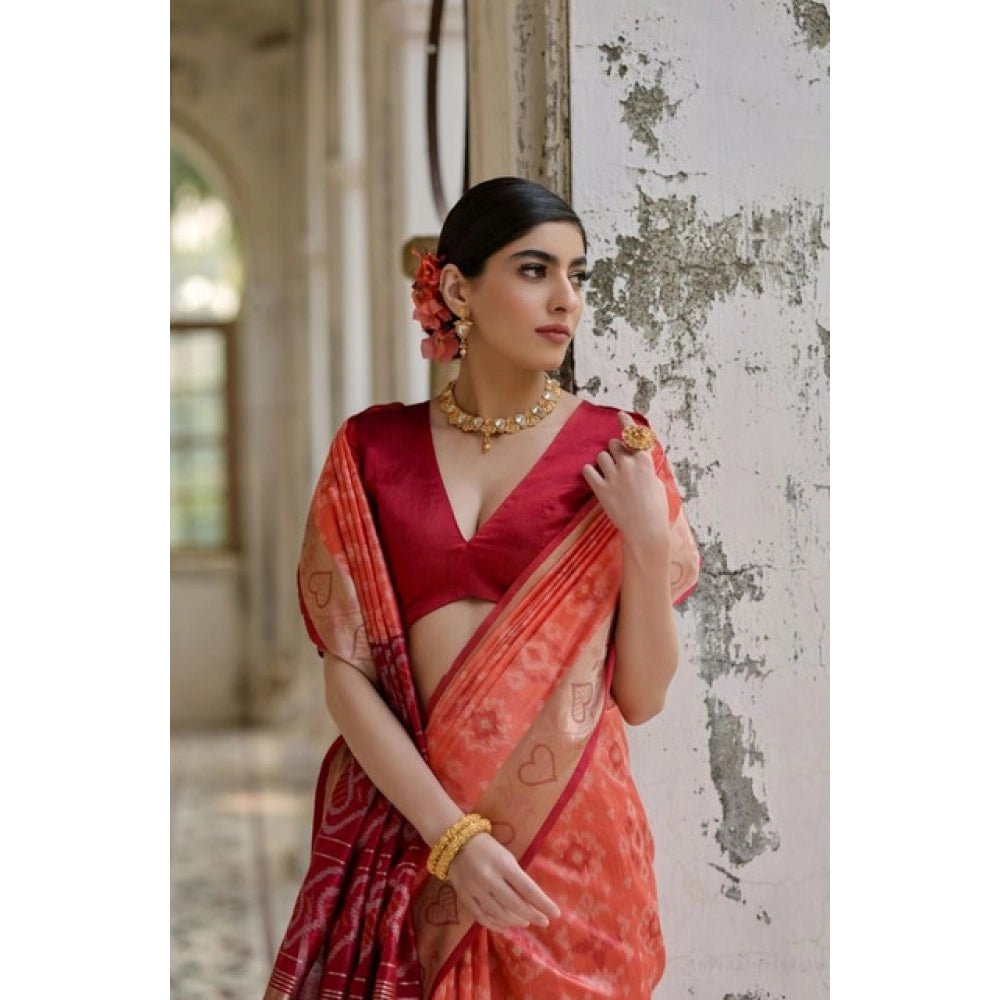 Women's Silk_Blend Ethnic Ikat Pattern Saree With Unstitched Blouse 5.5Mtr (Orange)