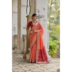 Women's Silk_Blend Ethnic Ikat Pattern Saree With Unstitched Blouse 5.5Mtr (Orange)