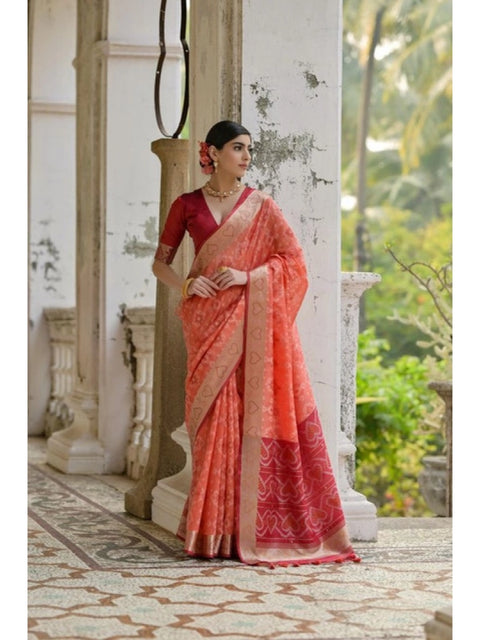 Women's Silk_Blend Ethnic Ikat Pattern Saree With Unstitched Blouse 5.5Mtr (Orange)