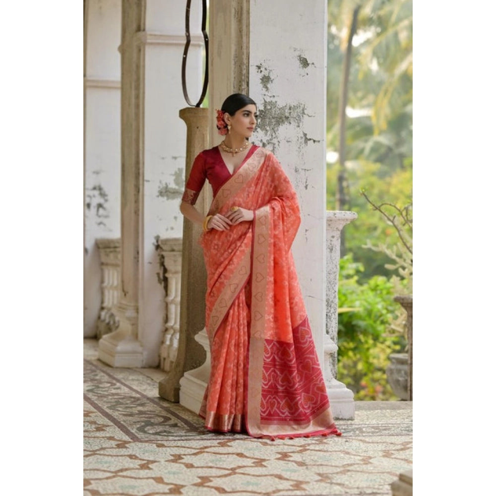 Women's Silk_Blend Ethnic Ikat Pattern Saree With Unstitched Blouse 5.5Mtr (Orange)