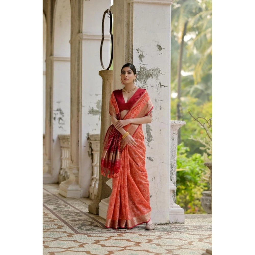 Women's Silk_Blend Ethnic Ikat Pattern Saree With Unstitched Blouse 5.5Mtr (Orange)