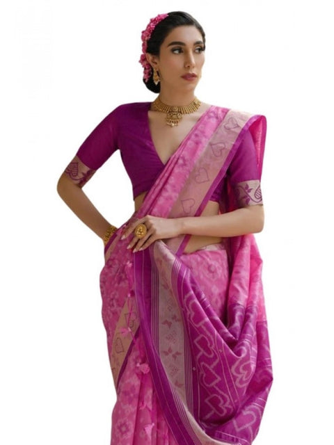 Women's Silk_Blend Ethnic Ikat Pattern Saree With Unstitched Blouse 5.5Mtr (Pink)
