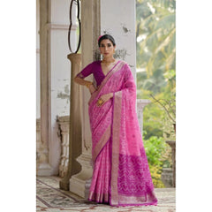 Women's Silk_Blend Ethnic Ikat Pattern Saree With Unstitched Blouse 5.5Mtr (Pink)