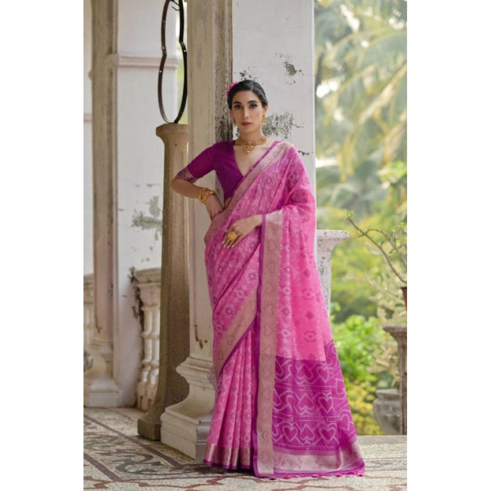 Women's Silk_Blend Ethnic Ikat Pattern Saree With Unstitched Blouse 5.5Mtr (Pink)