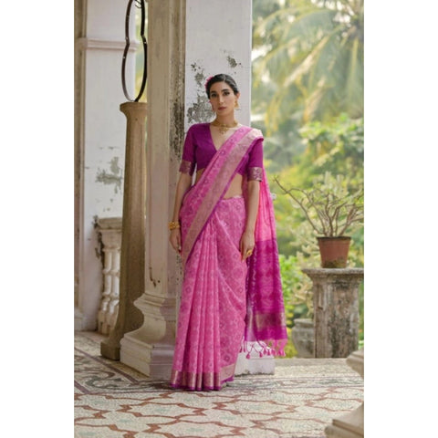 Women's Silk_Blend Ethnic Ikat Pattern Saree With Unstitched Blouse 5.5Mtr (Pink)