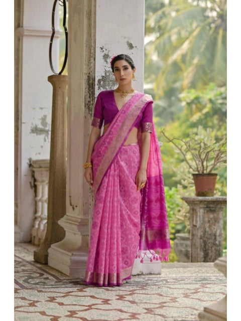Women's Silk_Blend Ethnic Ikat Pattern Saree With Unstitched Blouse 5.5Mtr (Pink)