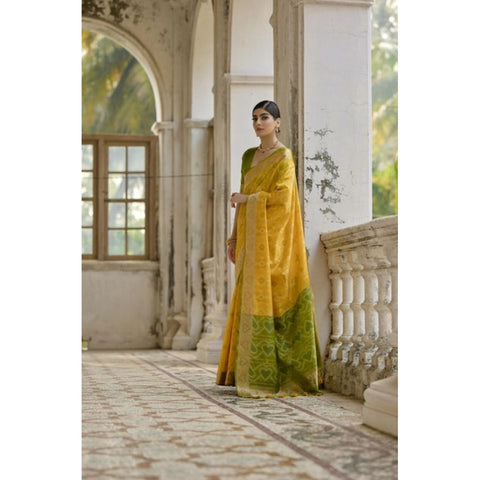 Women's Silk_Blend Ethnic Ikat Pattern Saree With Unstitched Blouse 5.5Mtr (Yellow)