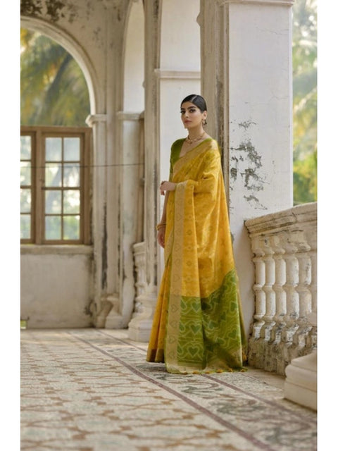 Women's Silk_Blend Ethnic Ikat Pattern Saree With Unstitched Blouse 5.5Mtr (Yellow)