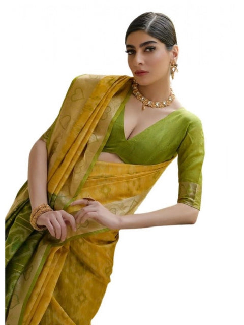 Generic Women's Silk_Blend Ethnic Ikat Pattern Saree With Unstitched Blouse 5.5Mtr (Yellow)