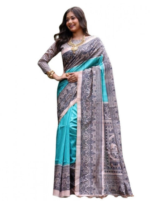 Generic Women's Faux_Tussar Ethnic_Print Saree With Unstitched Blouse 5.5Mtr (Aqua_Blue)