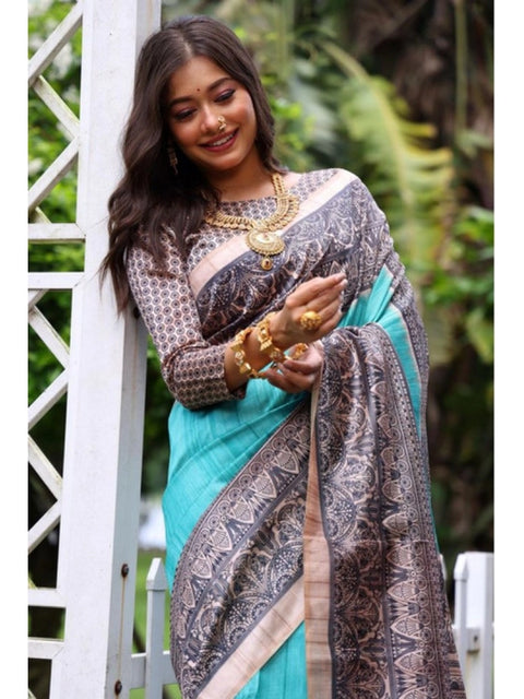 Women's Faux_Tussar Ethnic_Print Saree With Unstitched Blouse 5.5Mtr (Aqua_Blue)