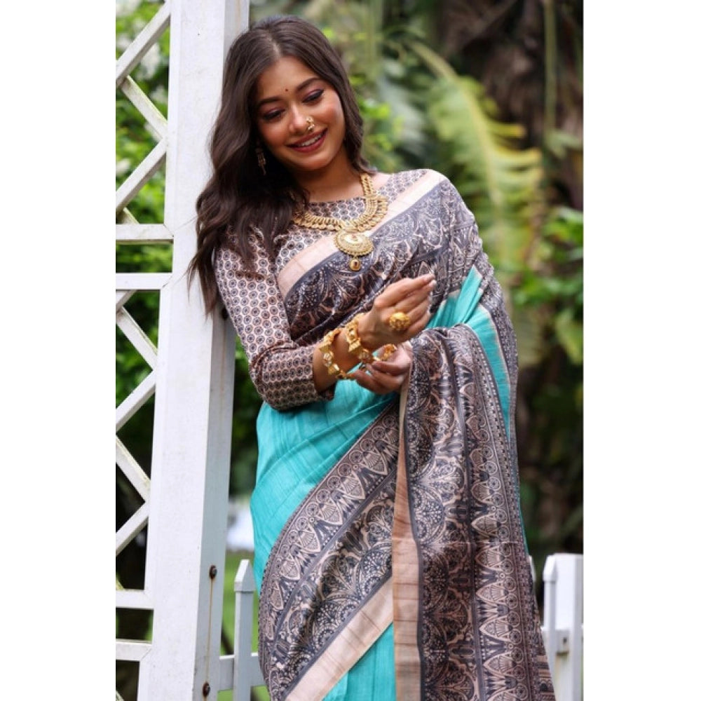 Women's Faux_Tussar Ethnic_Print Saree With Unstitched Blouse 5.5Mtr (Aqua_Blue)