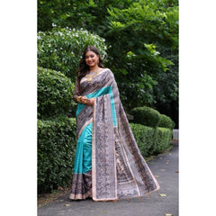Women's Faux_Tussar Ethnic_Print Saree With Unstitched Blouse 5.5Mtr (Aqua_Blue)