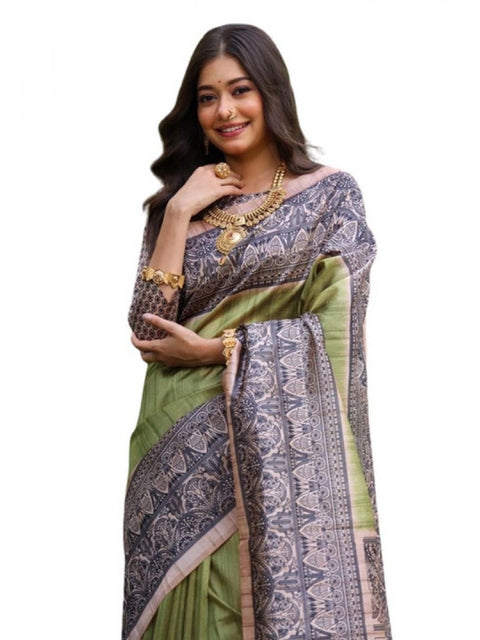 Generic Women's Faux_Tussar Ethnic_Print Saree With Unstitched Blouse 5.5Mtr (Olive)