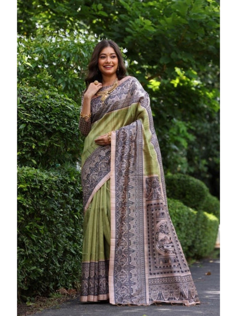 Generic Women's Faux_Tussar Ethnic_Print Saree With Unstitched Blouse 5.5Mtr (Olive)