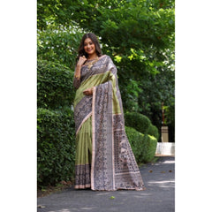 Generic Women's Faux_Tussar Ethnic_Print Saree With Unstitched Blouse 5.5Mtr (Olive)