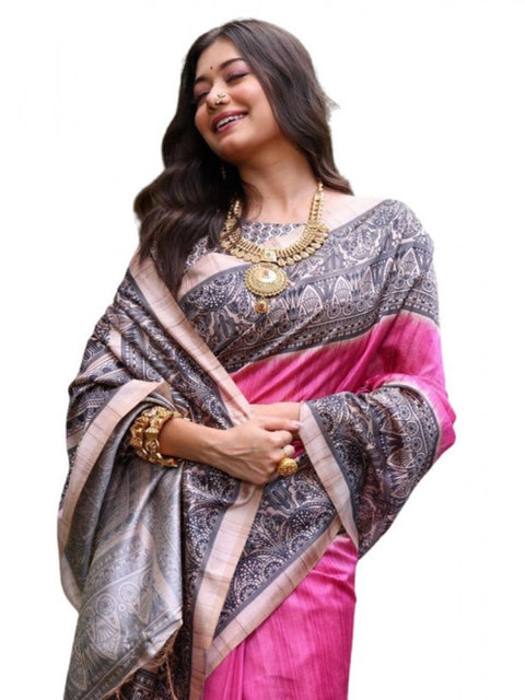 Generic Women's Faux_Tussar Ethnic_Print Saree With Unstitched Blouse 5.5Mtr (Pink)