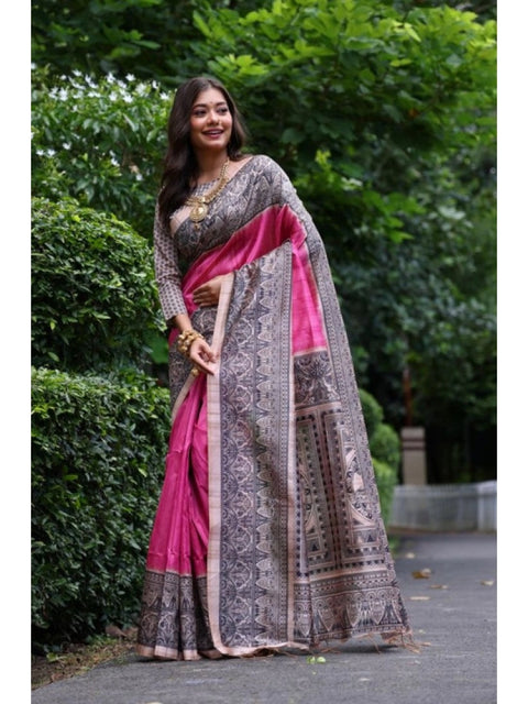 Generic Women's Faux_Tussar Ethnic_Print Saree With Unstitched Blouse 5.5Mtr (Pink)