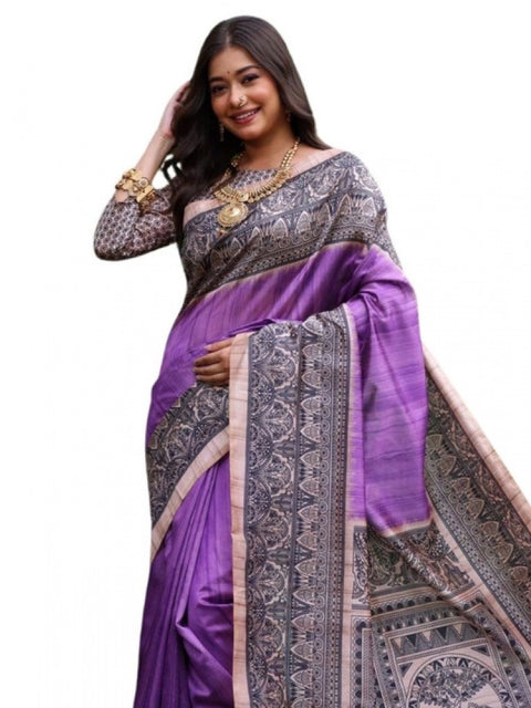 Generic Women's Faux_Tussar Ethnic_Print Saree With Unstitched Blouse 5.5Mtr (Purple)