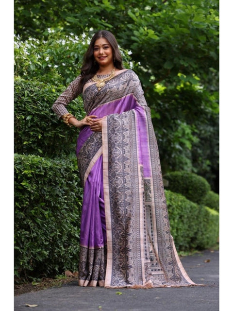 Generic Women's Faux_Tussar Ethnic_Print Saree With Unstitched Blouse 5.5Mtr (Purple)