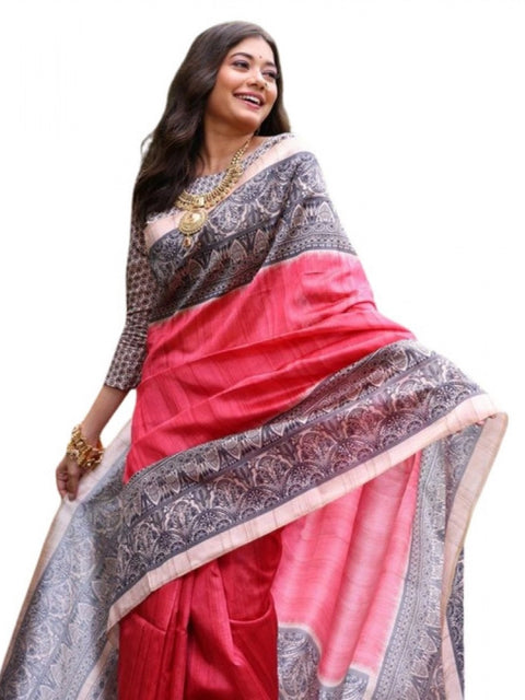 Generic Women's Faux_Tussar Ethnic_Print Saree With Unstitched Blouse 5.5Mtr (Red)