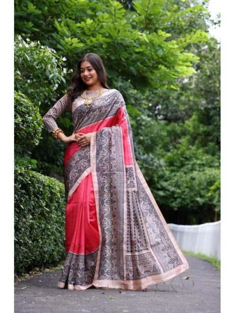 Generic Women's Faux_Tussar Ethnic_Print Saree With Unstitched Blouse 5.5Mtr (Red)
