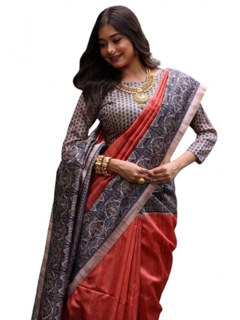 Generic Women's Faux_Tussar Ethnic_Print Saree With Unstitched Blouse 5.5Mtr (Rust)
