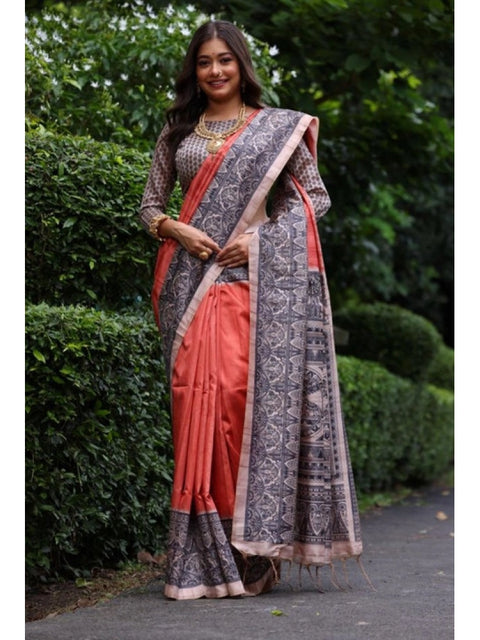 Generic Women's Faux_Tussar Ethnic_Print Saree With Unstitched Blouse 5.5Mtr (Rust)