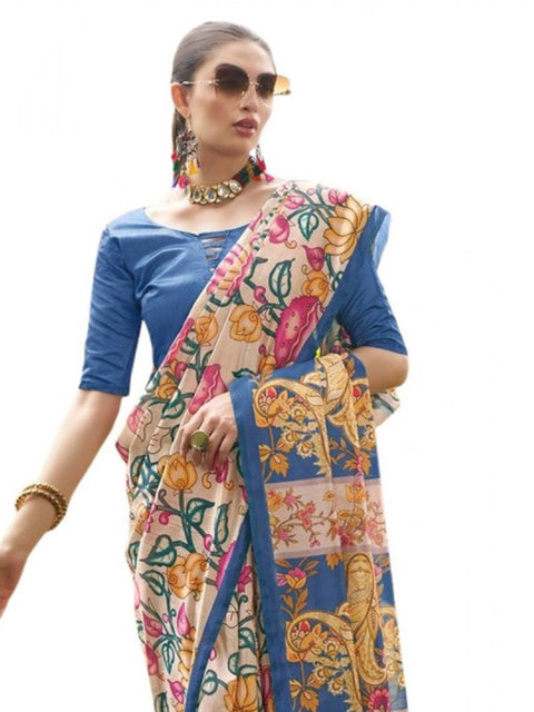 Generic Women's Faux_Tussar Kalamkari_Print Saree With Unstitched Blouse 5.5Mtr (Blue)